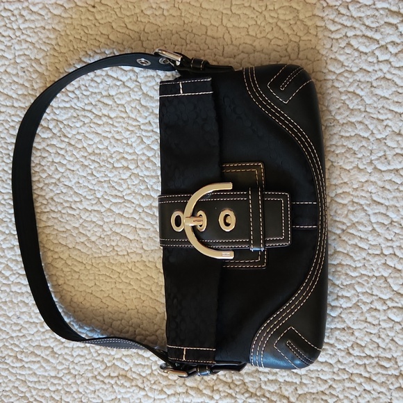 Vintage Y2K Coach Mini Soho Baguette Shoulder Bag Black Logo Print Leather Trim - Picture 1 of 12